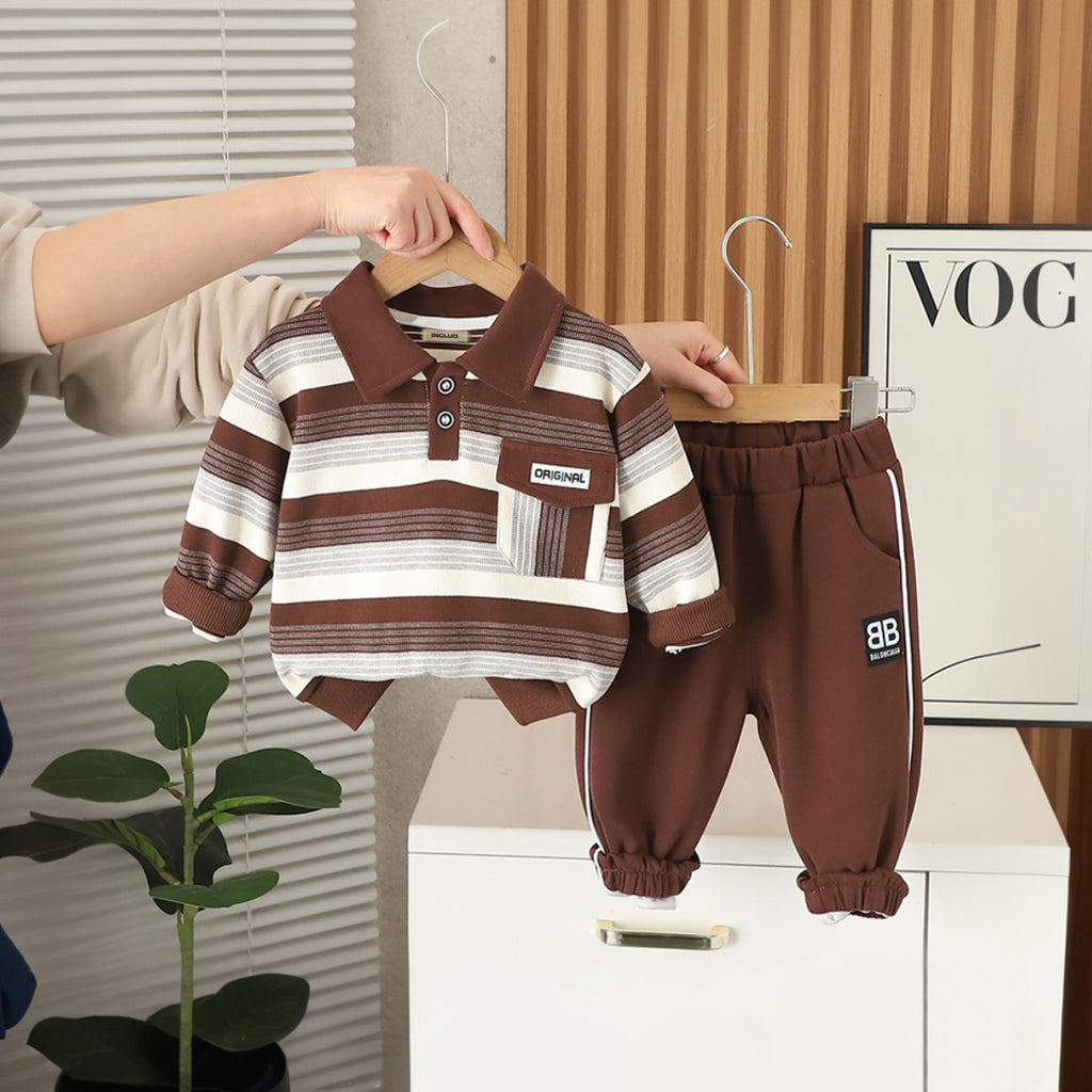 Boys Brown Stripes Polo T-Shirt With Pants set 2 pc. Sets Brown 1-2 Y