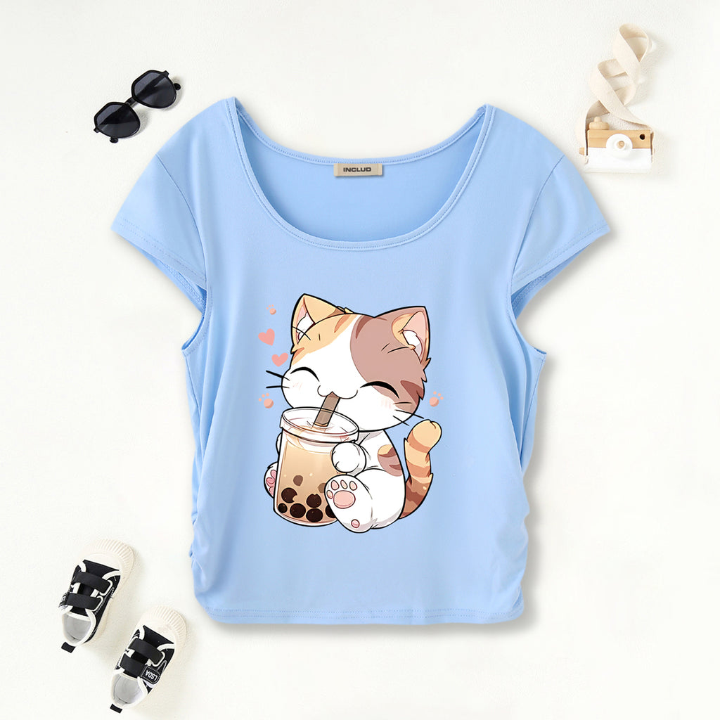 Girls Light Blue Cat Graphic Short Sleeves Scoop Neck T-Shirt Tshirts Light Blue 7-8 Y