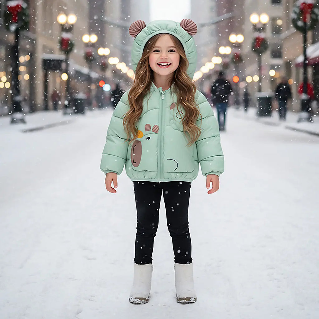 Girls Light Green Graphics Printed Quilted Hooded Zip-up Jacket Coats & Jackets Light Green 1-2 Y