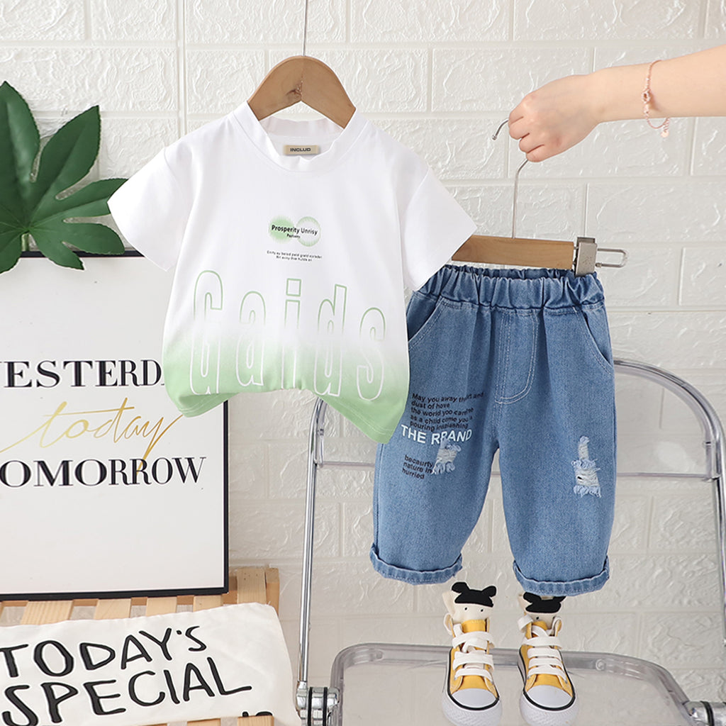 Boys Green Ombre Dyed Short Sleeves T-Shirt With Denim Pants Set 2 pc. Sets Green 1-2 Y