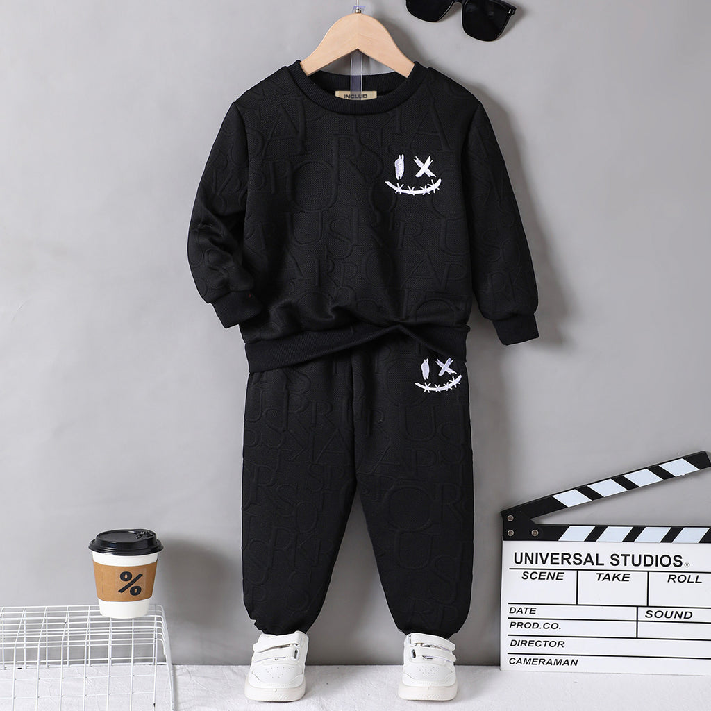 Boys Black Textured Sweatshirt with Joggers Set Sets Black 3-4 Y