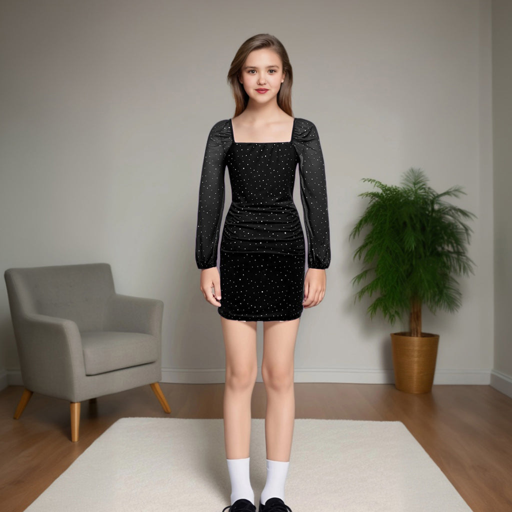 Girls Black Sequined Long Sleeves Square Neck Bodycon Dress Party Dresses Black 12-13 Y