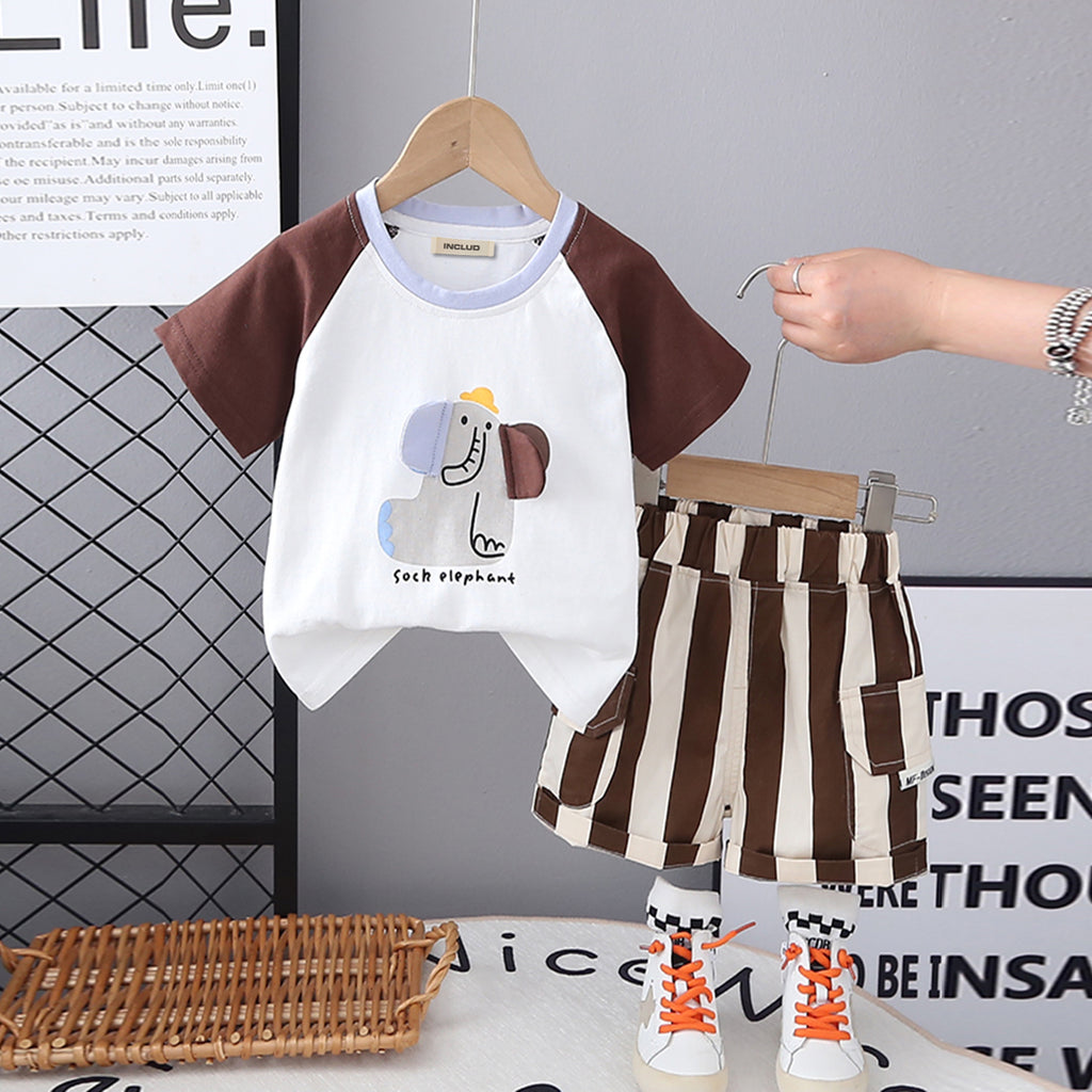 Boys Brown Elephant Printed Raglan Sleeves T-Shirt With Striped Shorts Set 2 pc. Sets Brown 1-2 Y