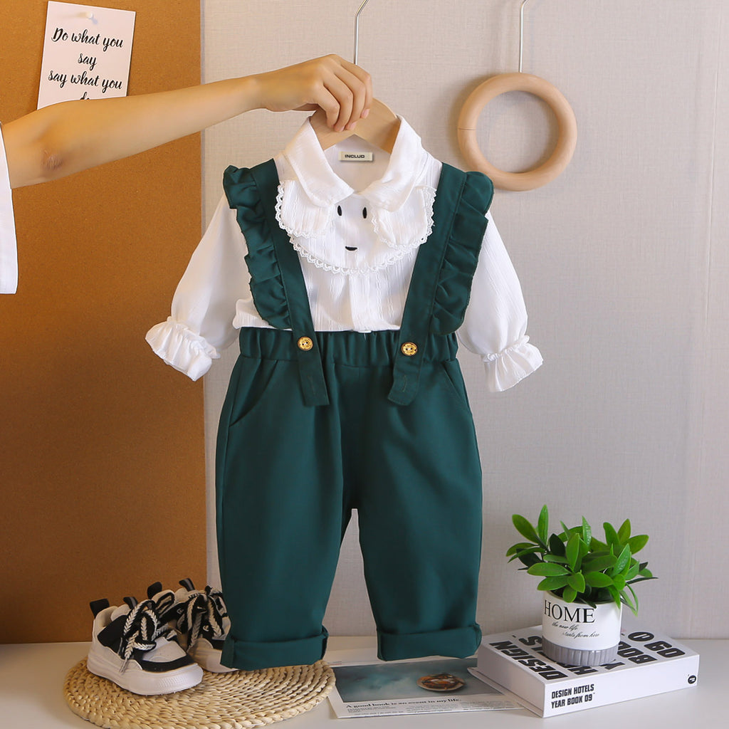 Girls Stripes Top With Green Suspenders Pants Set 2 pc. Sets Green 1-2 Y