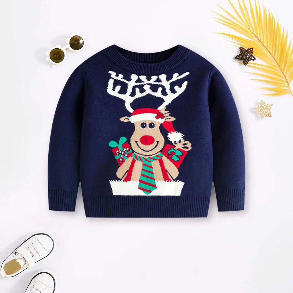 Boys Navy Blue Sweater With Self-Design Christmas Reindeer Pattern Sweaters & Cardigans Navy Blue 2-3 Y