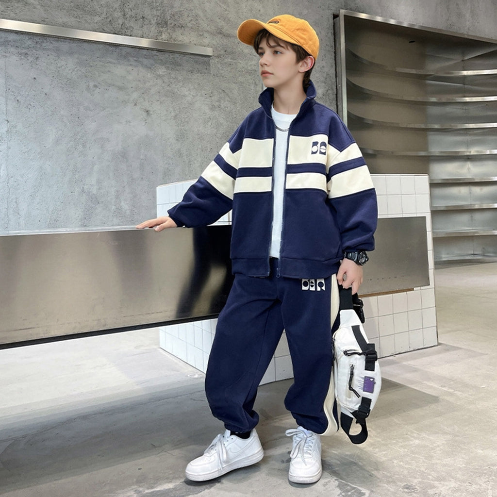 Boys Navy Blue Colorblocked Front Open Sweatshirt With Pants Sets 2 pc. Sets Navy Blue 5-6 Y