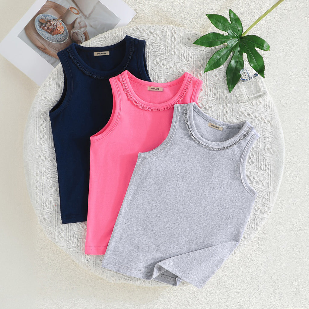 Girls Solid Ruffle Neck Tank Top Multipack Set - Set of 3 Tops Multicolor 2-3 Y