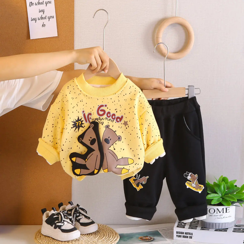 Girls Yellow Bear Cartoon Printed Sweatshirt With Jogger Sets Sets Yellow 1-2 Y