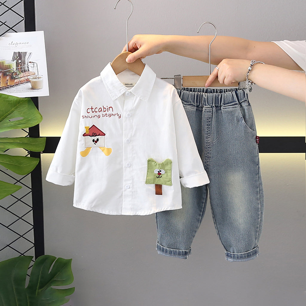 Boys White Typographic Printed Shirt With Denim Pants Set 2 pc. Sets White 1-2 Y