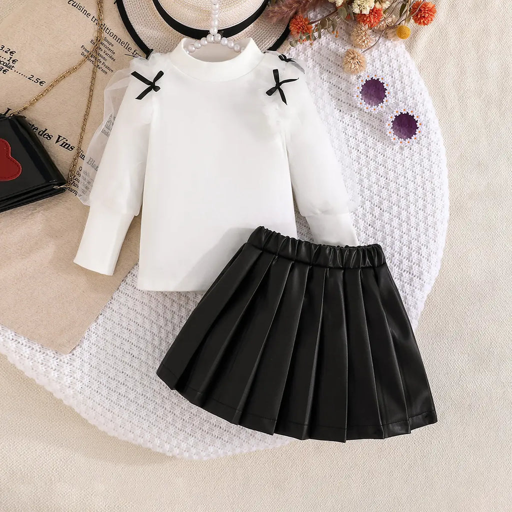 Girls White Bow Applique Top With Pleated Skirt Sets Sets White 1-2 Y