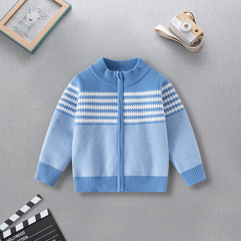 Boys Light Blue Front Zipper Cardigan With Self-Design Stripe Patterns Sweaters & Cardigans Light Blue 2-3 Y