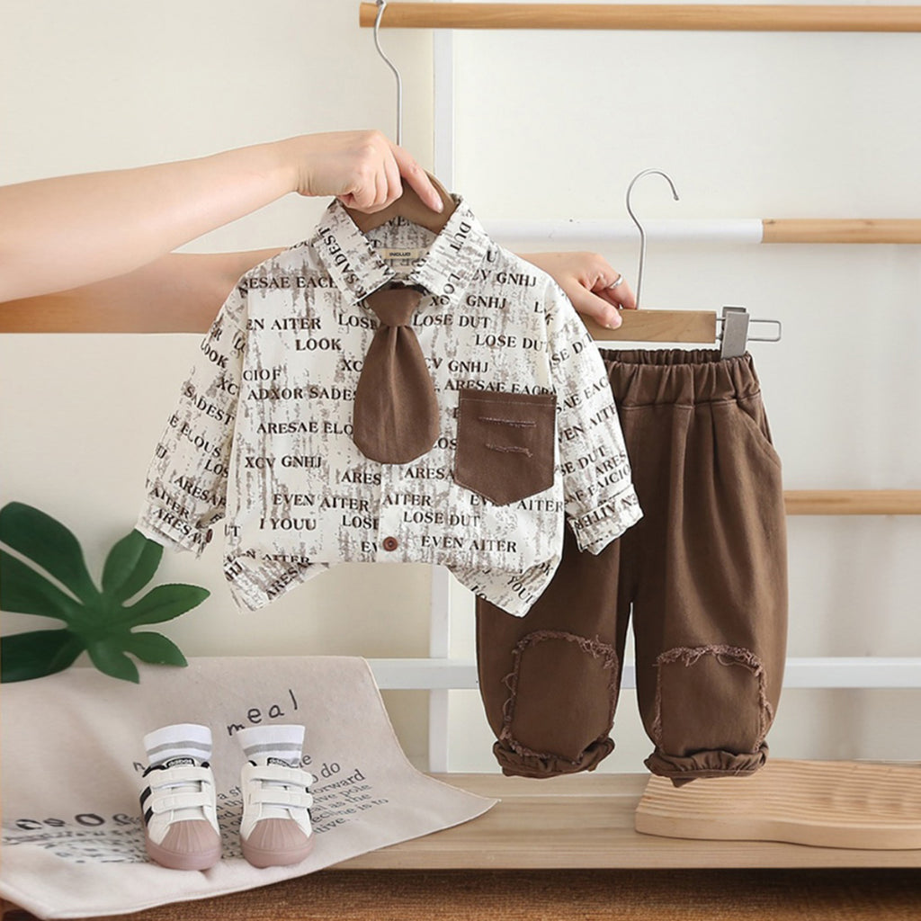 Boys Brown Typographic Printed Shirt With Pants Sets 2 pc. Sets Brown 1-2 Y