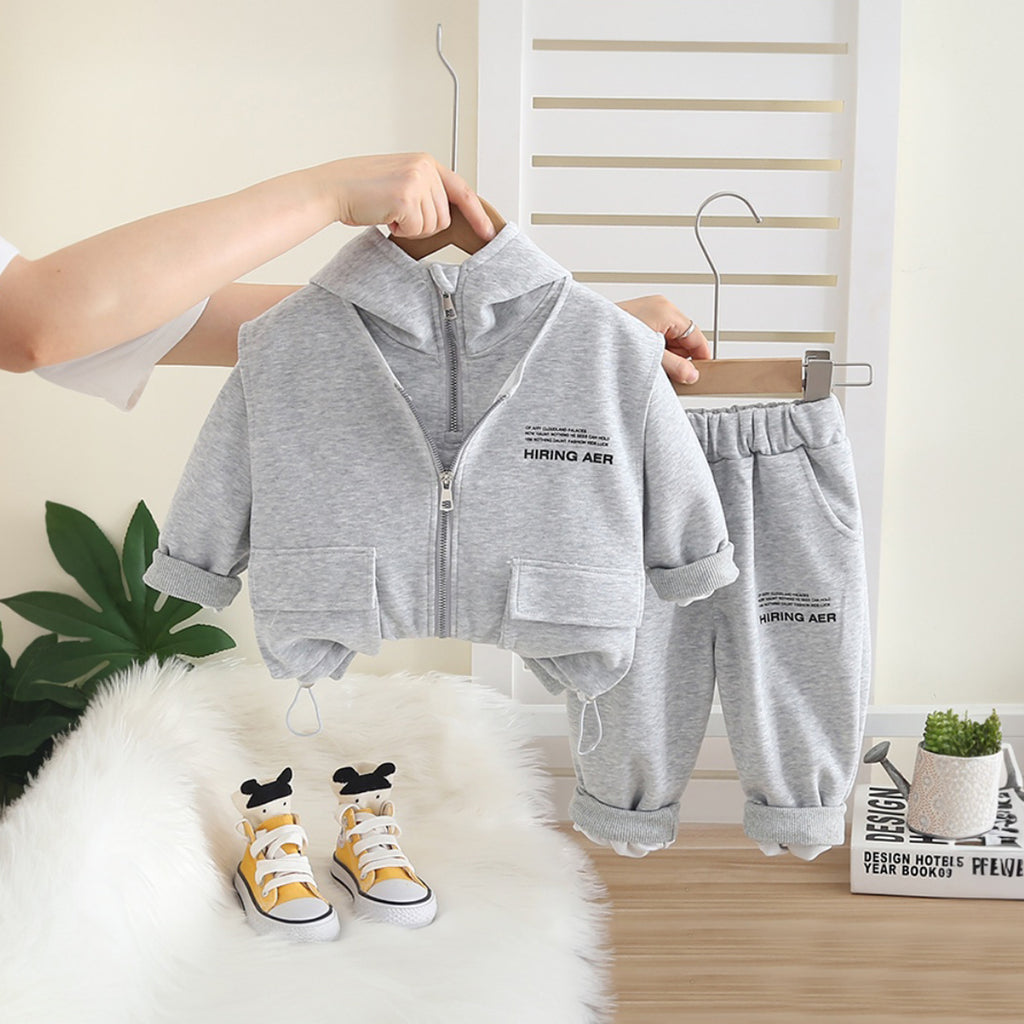 Boys Grey Typographic Printed Hooded Sweatshirt With Sleeveless Jacket and Pants Set 3 pc. Sets Grey 1-2 Y