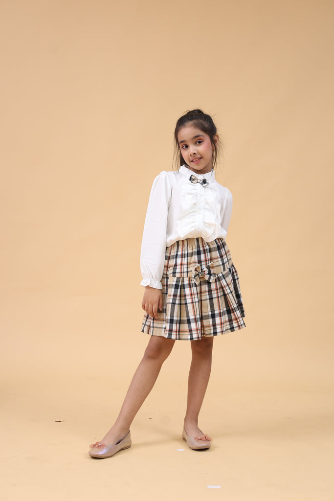 Girls White Long Sleeve Shirt With Checked Skirt Set Sets