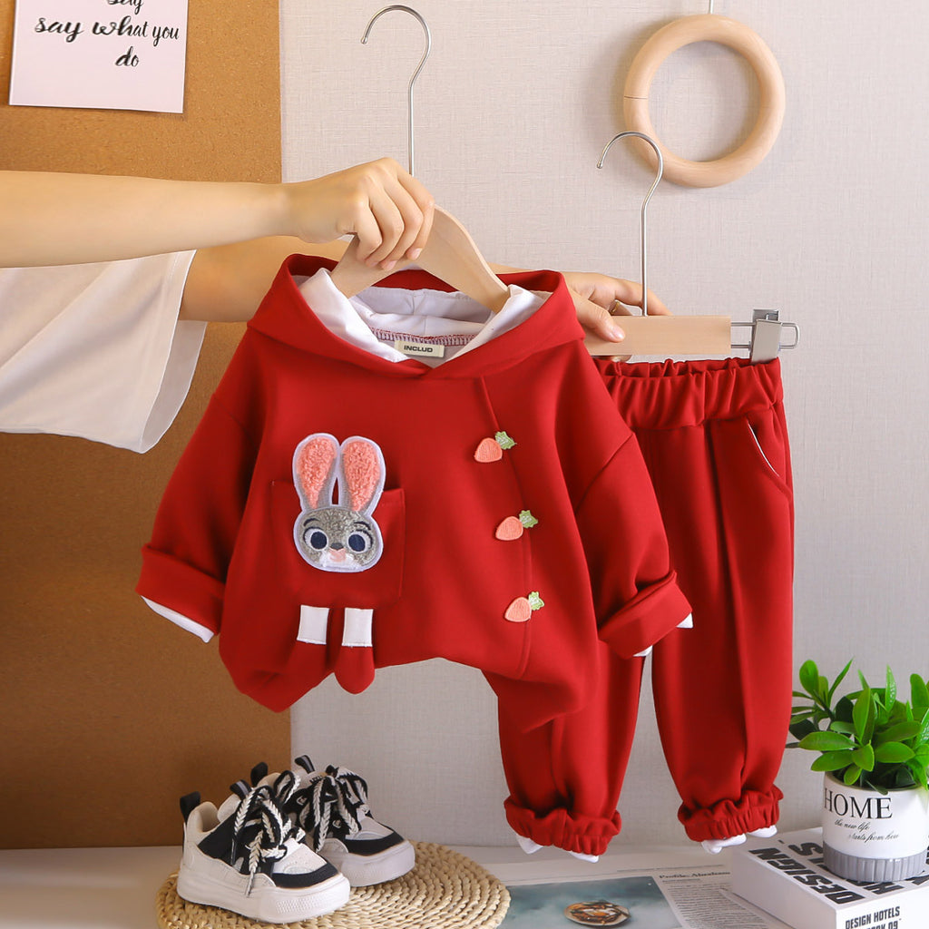 Girls Red Solid Rabbit Applique Hooded Sweatshirt With joggers Set 2 pc. Sets Red 1-2 Y