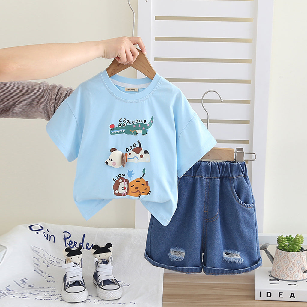 Boys Sky Blue Animal Graphic T-Shirt With Denim Shorts Set 2 pc. Sets Sky Blue 1-2 Y