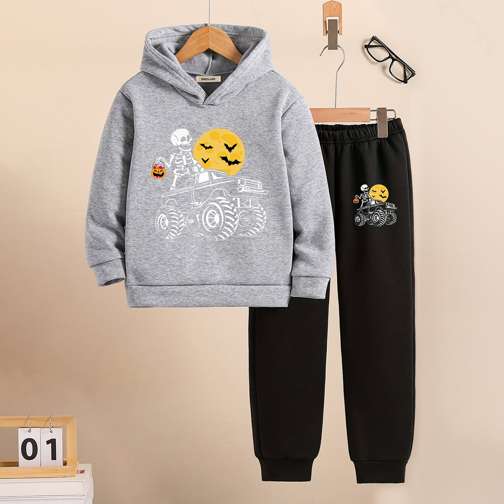 Boys Grey Melange Spooky Printed Hooded Sweatshirt with Joggers Set Sets Grey 5-6 Y