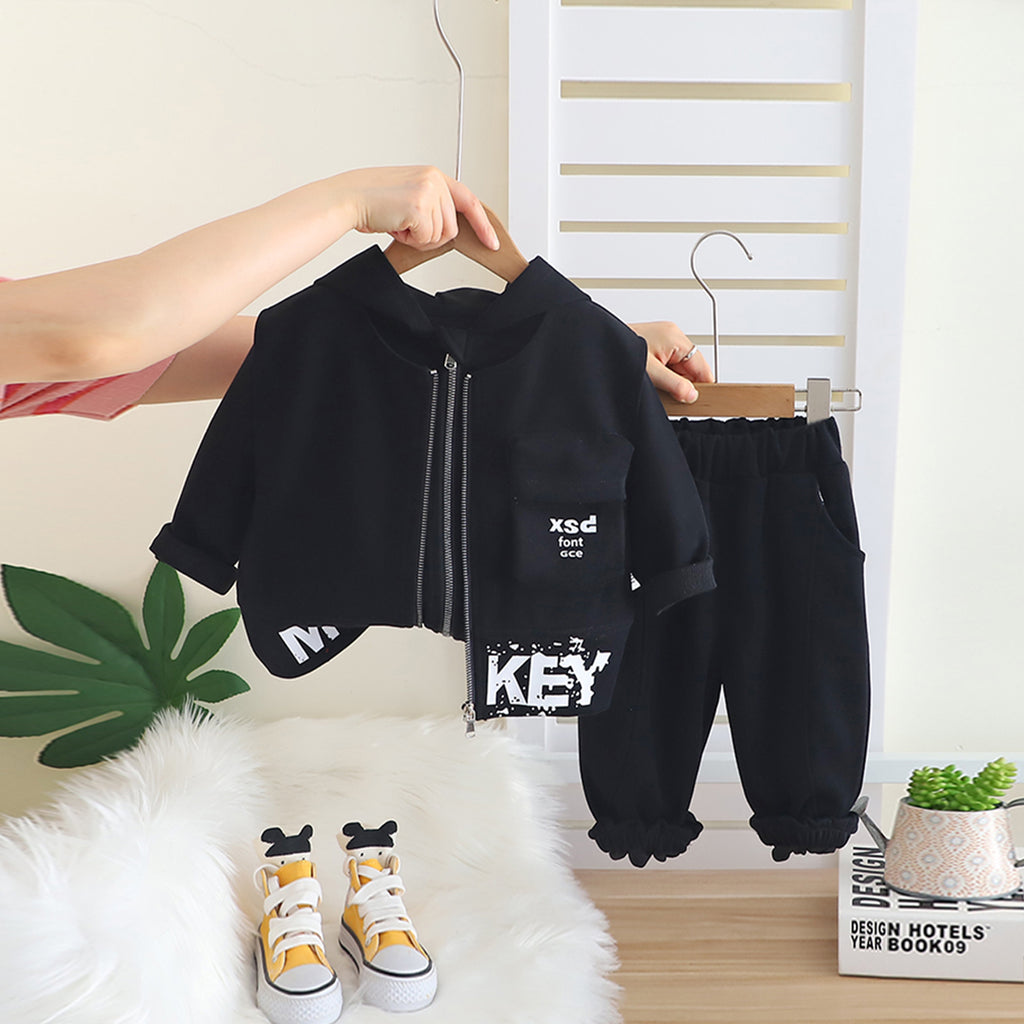 Boys Black Typographic Printed Hooded Sweatshirt With Sleeveless Jacket & Joggers Set Sets Black 1-2 Y