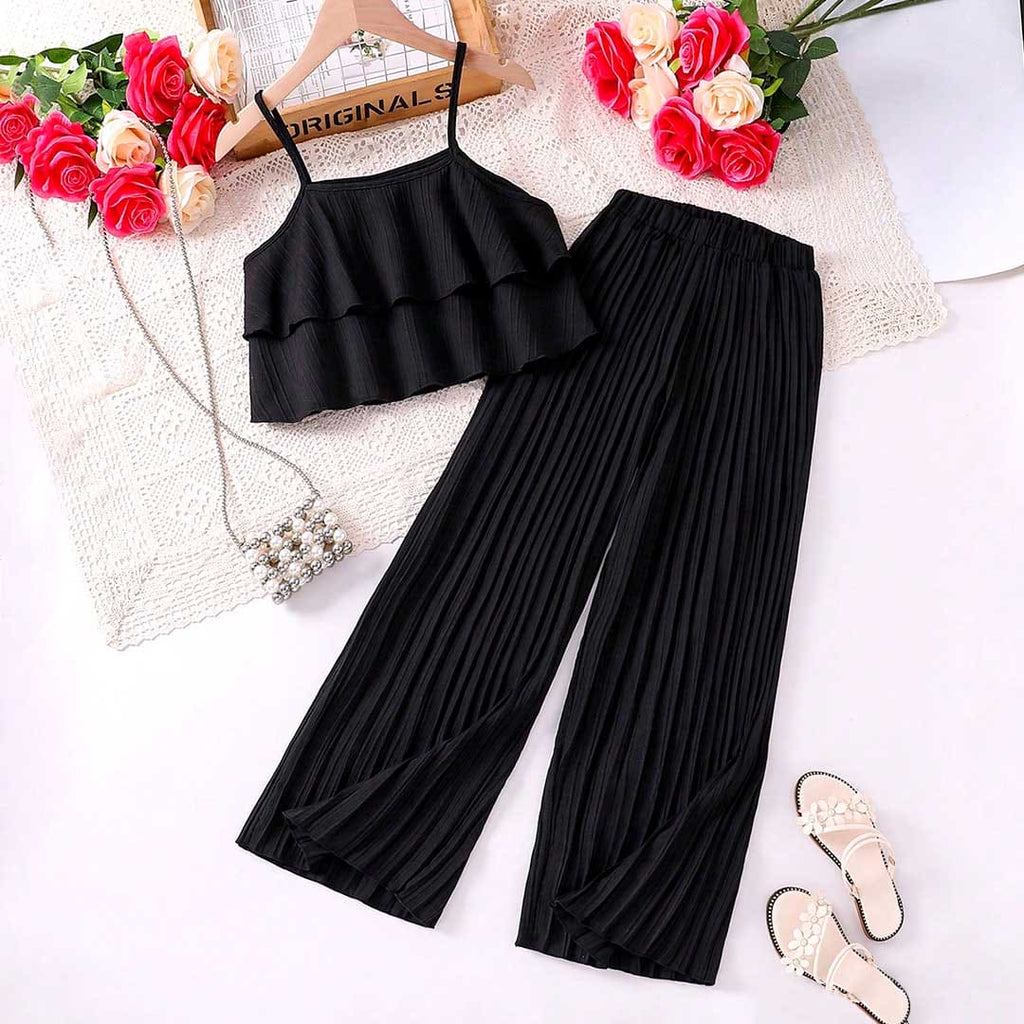 Girls Sleeveless Crop Top With Straight Fit Pants Sets 2 pc. Sets Black 8-9 Y 