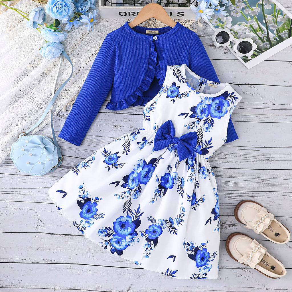 Girls Royal Blue Floral Printed Fit And Flared Dress With Shrug Casual Dresses Royal Blue 2-3 Y