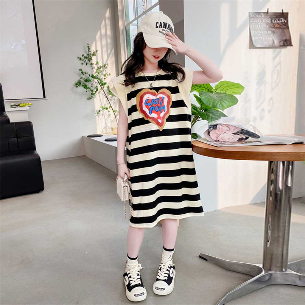 Girls Striped Heart Print Caps Sleeves A-Line Dress Casual Dresses Black 6-7 Y 