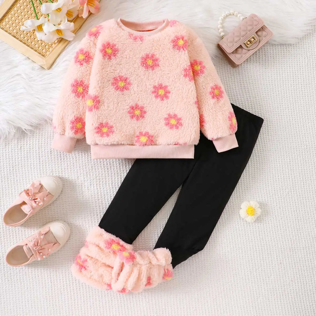 Girls Pink Floral Printed Sweatshirt With Legging Set 2 pc. Sets Pink 3-4 Y