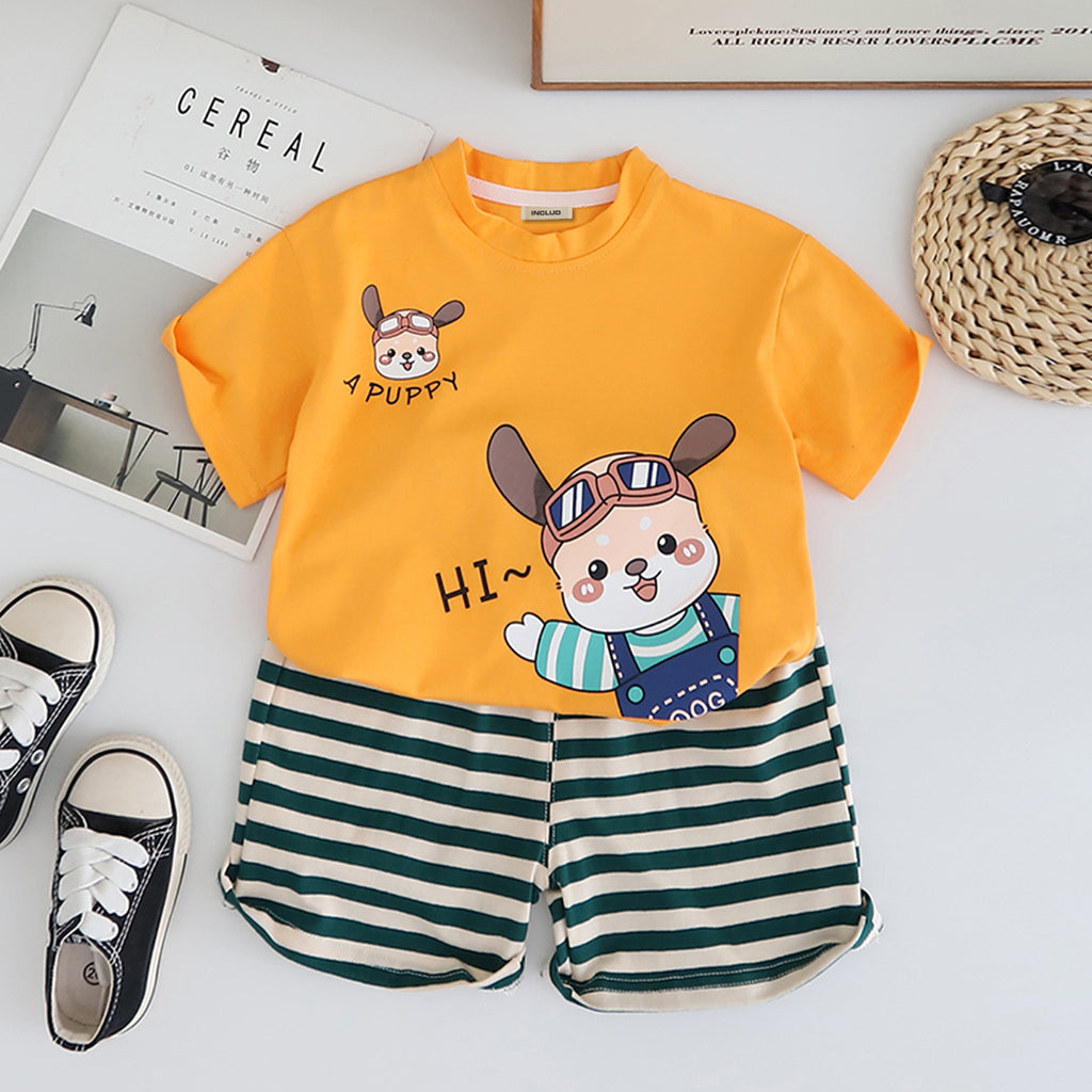 Boys Yellow Cartoon Graphic T-Shirt With Striped Shorts Set 2 pc. Sets Yellow 1-2 Y