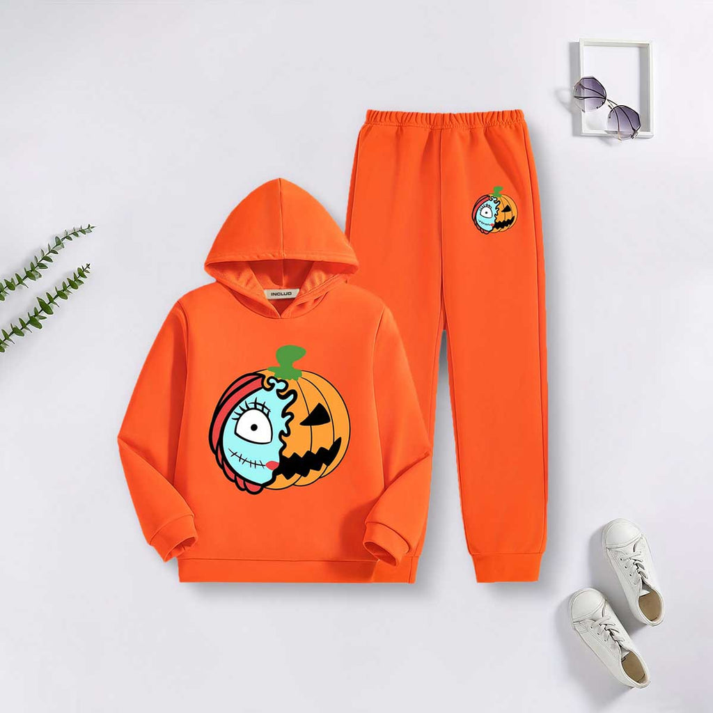 Boys Orange Halloween Pumpkin Printed Hooded Sweatshirt With Joggers Co-ord Set 2 pc. Sets Orange 7-8 Y