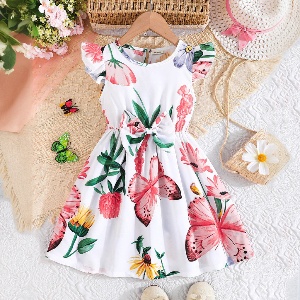 Girls White Butterfly Printed Flutter Sleeves Dress Casual Dresses White 3-4 Y