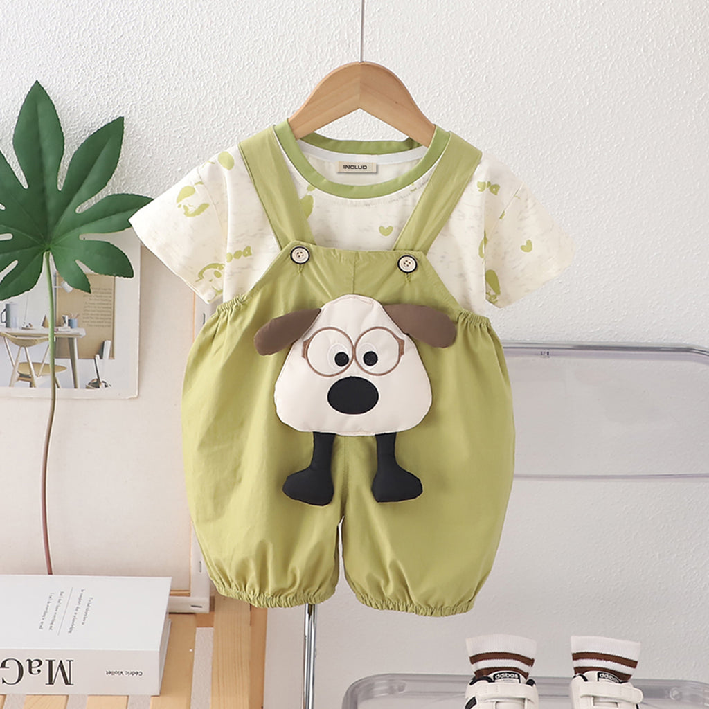 Boys Printed Short Sleeves T-Shirt With Green Dog Applique Dungaree Set 2 pc. Sets Green 1-2 Y