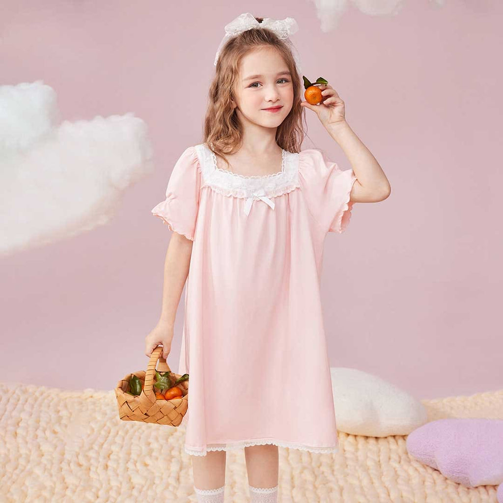 Girls Lace Neck Puff Sleeves Knee Length Dress Casual Dresses Pink 4-5 Y 