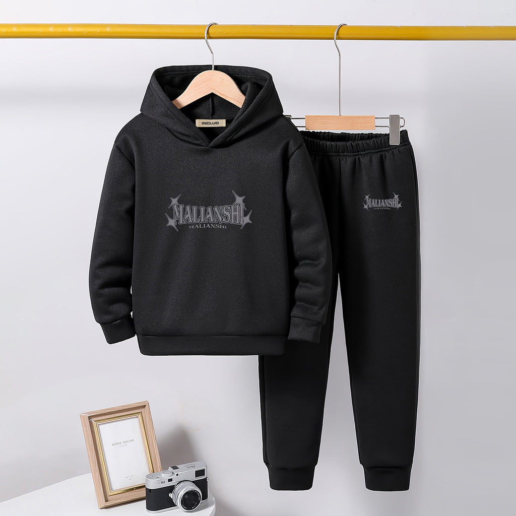 Boys Black Printed Hooded Sweatshirt with Joggers Set Sets Black 5-6 Y