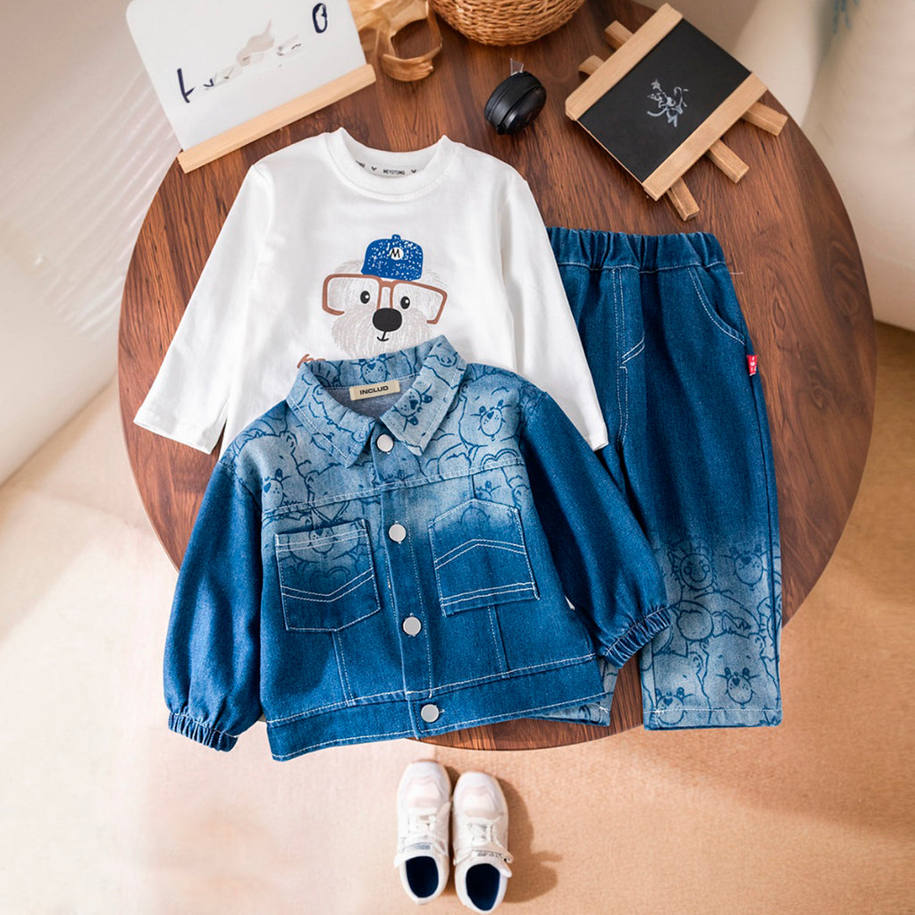 Boys Blue Puppy Printed Denim Jacket With T-Shirt & Pants Set Sets Blue 1-2 Y