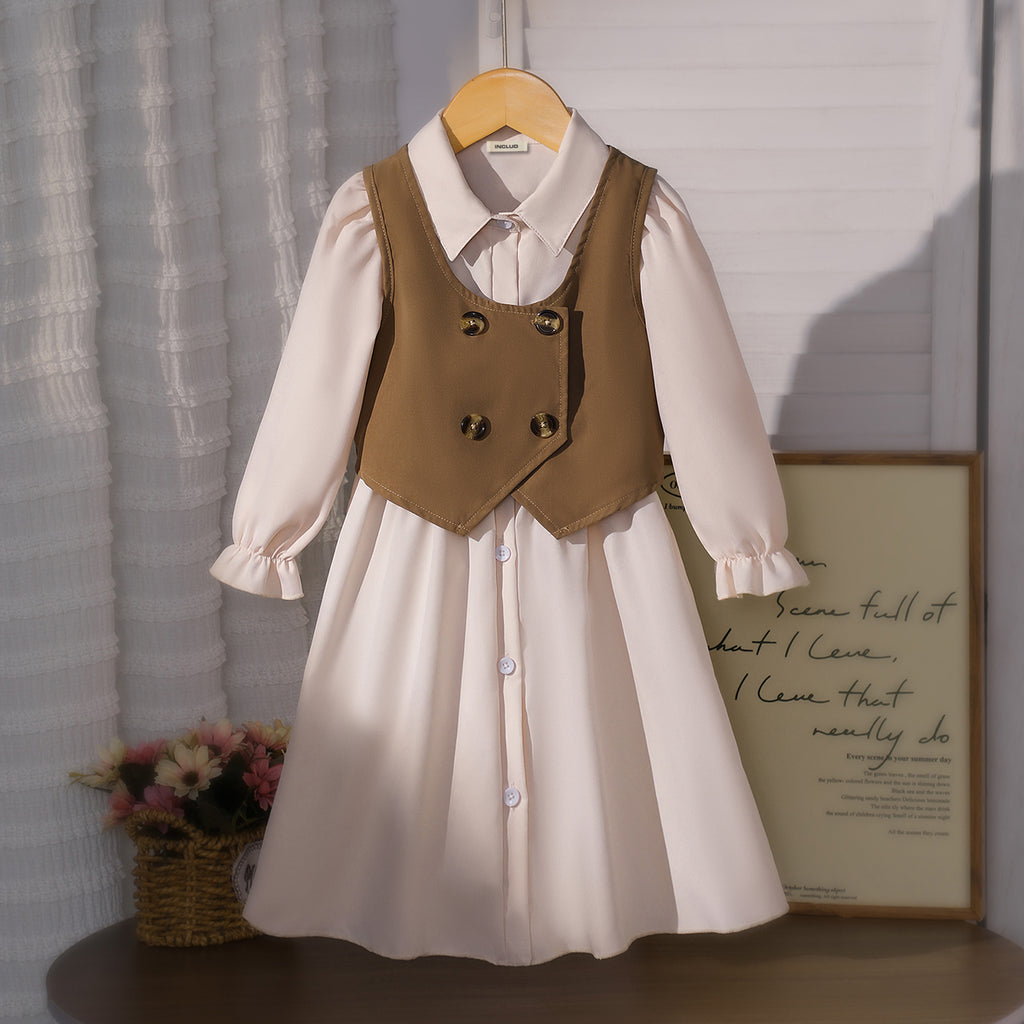 Girls Brown Solid Fit & Flare Dress With Sleeveless Vest Casual Dresses Brown 3-4 Y