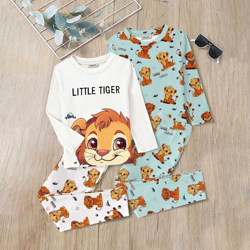 Boys Multicolor Tiger Printed T-Shirt With Pajama Set ( Pack Of 2 ) Sets Multicolor 3-4 Y