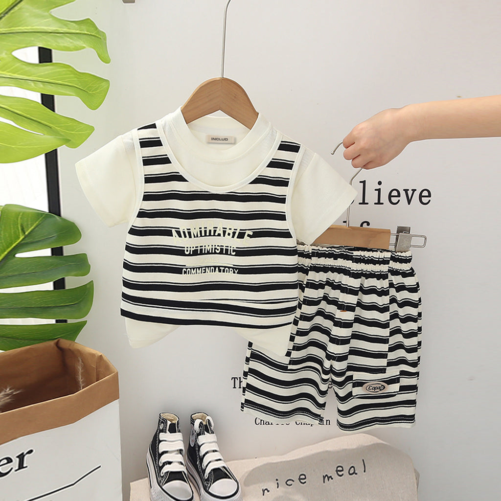 Boys Black Striped Printed Short Sleeves T-Shirt With Shorts Set 2 pc. Sets Black 1-2 Y