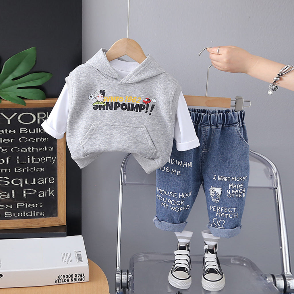 Boys Grey Hooded Sweatshirt with Full Sleeves T-shirt & Jeans Set Sets Grey 1-2 Y