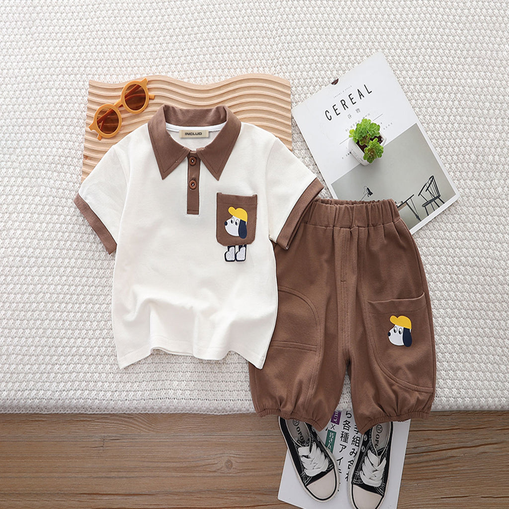 Boys Graphic Puppy Printed Polo T-Shirt With Brown Shorts Set 2 pc. Sets Brown 1-2 Y