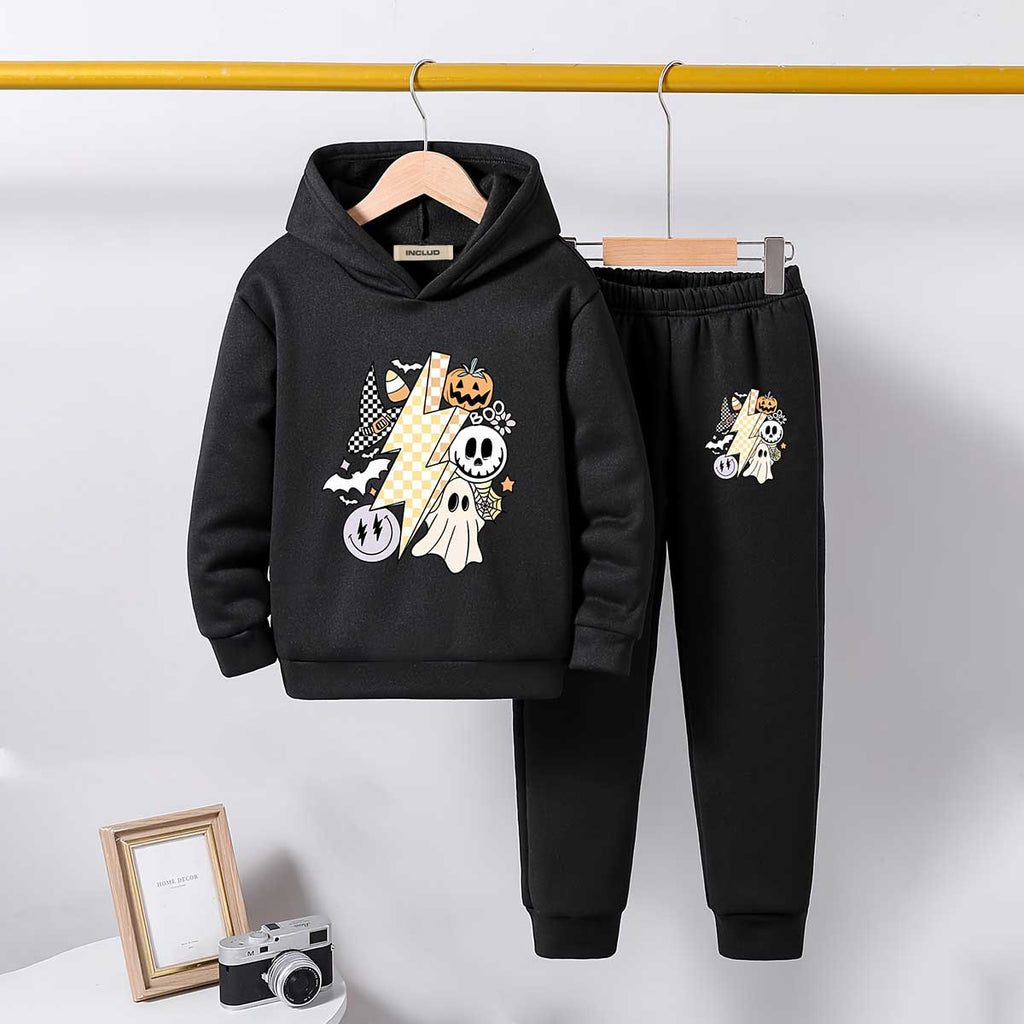Boys Black Halloween-Themed Printed Hooded Sweatshirt With Jogger Sets 2 pc. Sets Black 5-6 Y