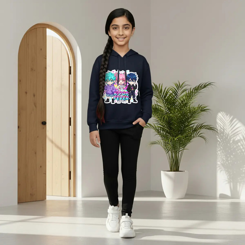 Girls Navy Blue K-Pop Fever Graphics Hoodie Sweatshirts & Hoodies Navy Blue 1-2 Y