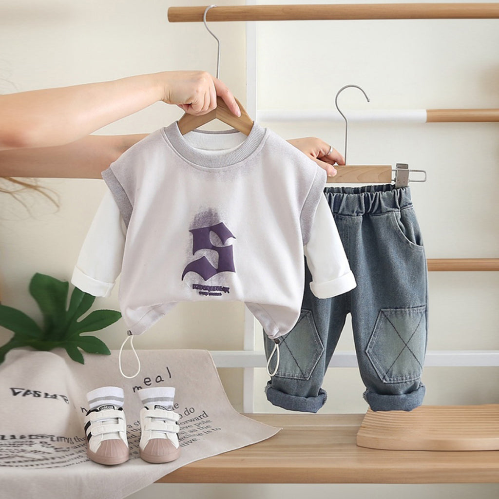 Boys Grey Graphics Sleeveless Sweatshirt With T-Shirt And Denim Trousers Sets 2 pc. Sets Grey 1-2 Y