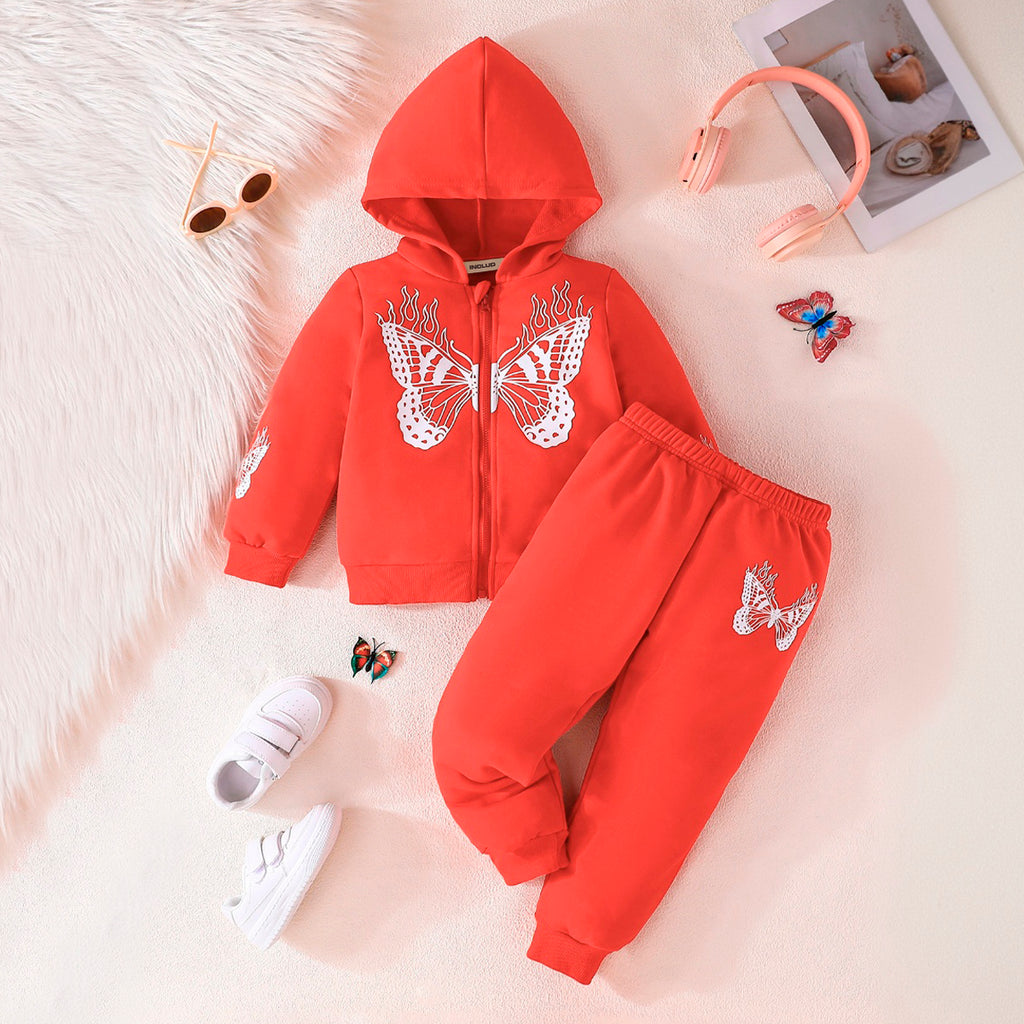 Girls Red Butterfly Foil Print Hooded Zipper with Joggers Set Sets Red 3-4 Y
