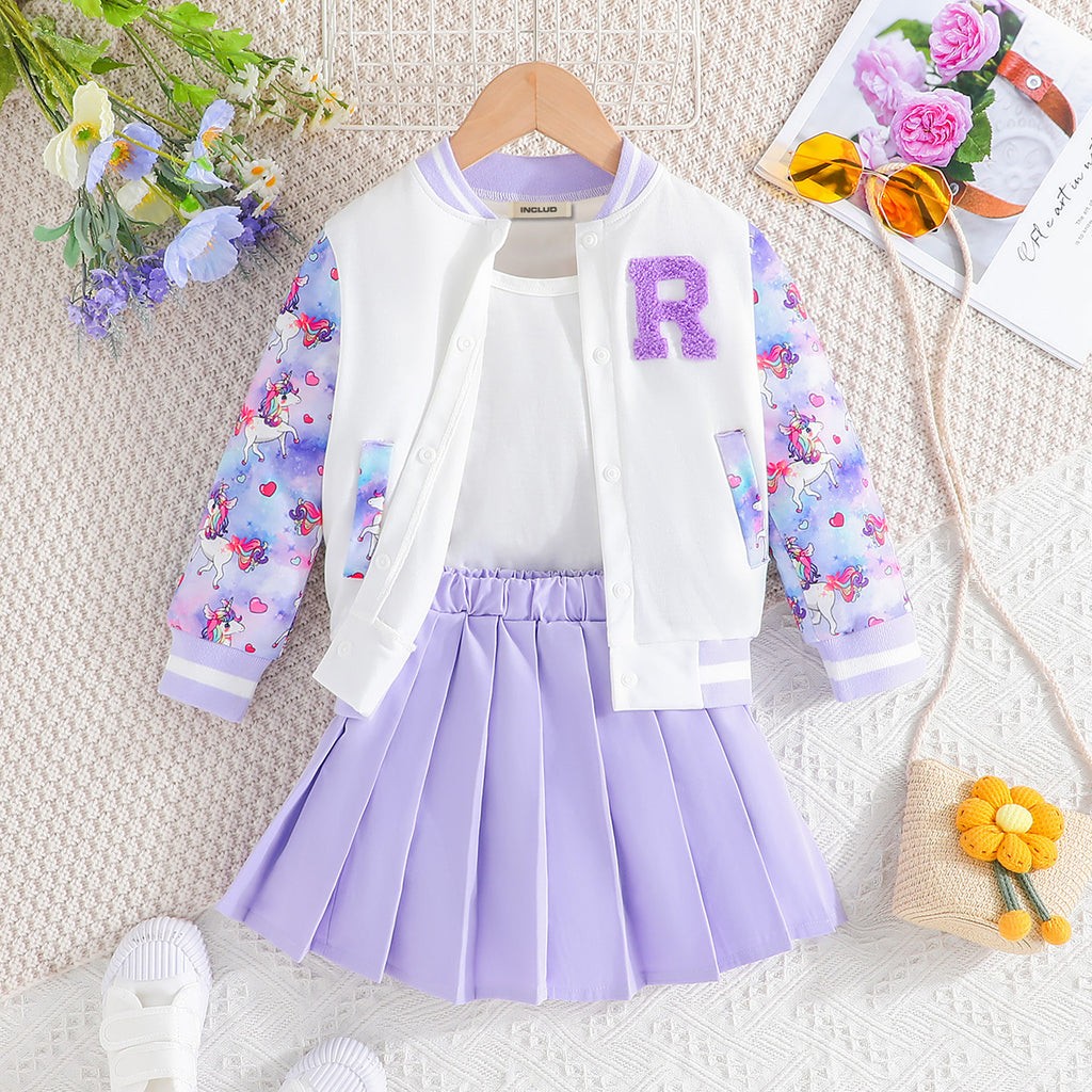 Girls Lilac Unicorn Sleeve Print Varsity Jacket with Pleated Skirt Set Sets Lilac 3-4 Y