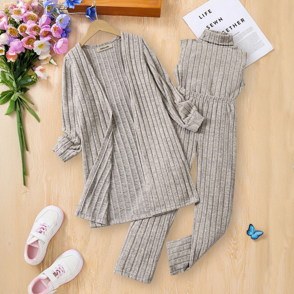 Girls Grey Ribbed Turtle Neck Top with Pants and Shrug Set Sets Grey 7-8 Y