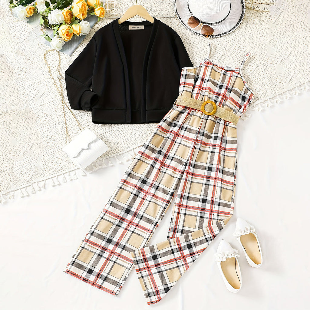 Girls Multicolor Checked Sleeveless Jumpsuit With Cardigan & Belt Jumpsuits Multicolor 7-8 Y