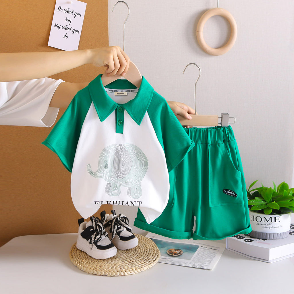 Boys Green Elephant Printed Raglan Sleeves Polo T-Shirt With Shorts Set 2 pc. Sets Green 1-2 Y