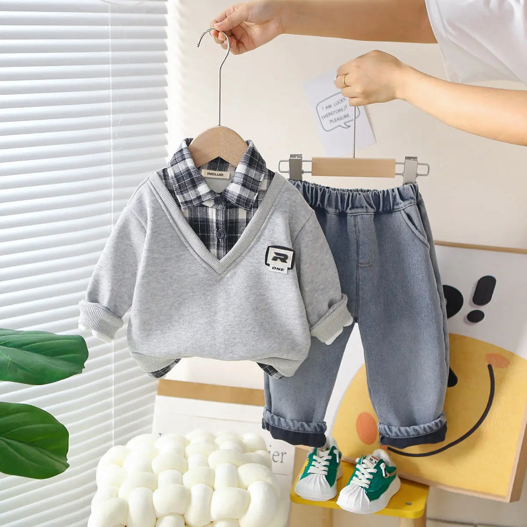 Boys Grey Checked Regular Sweatshirt With Denim Trouser Sets 2 pc. Sets Grey 1-2 Y