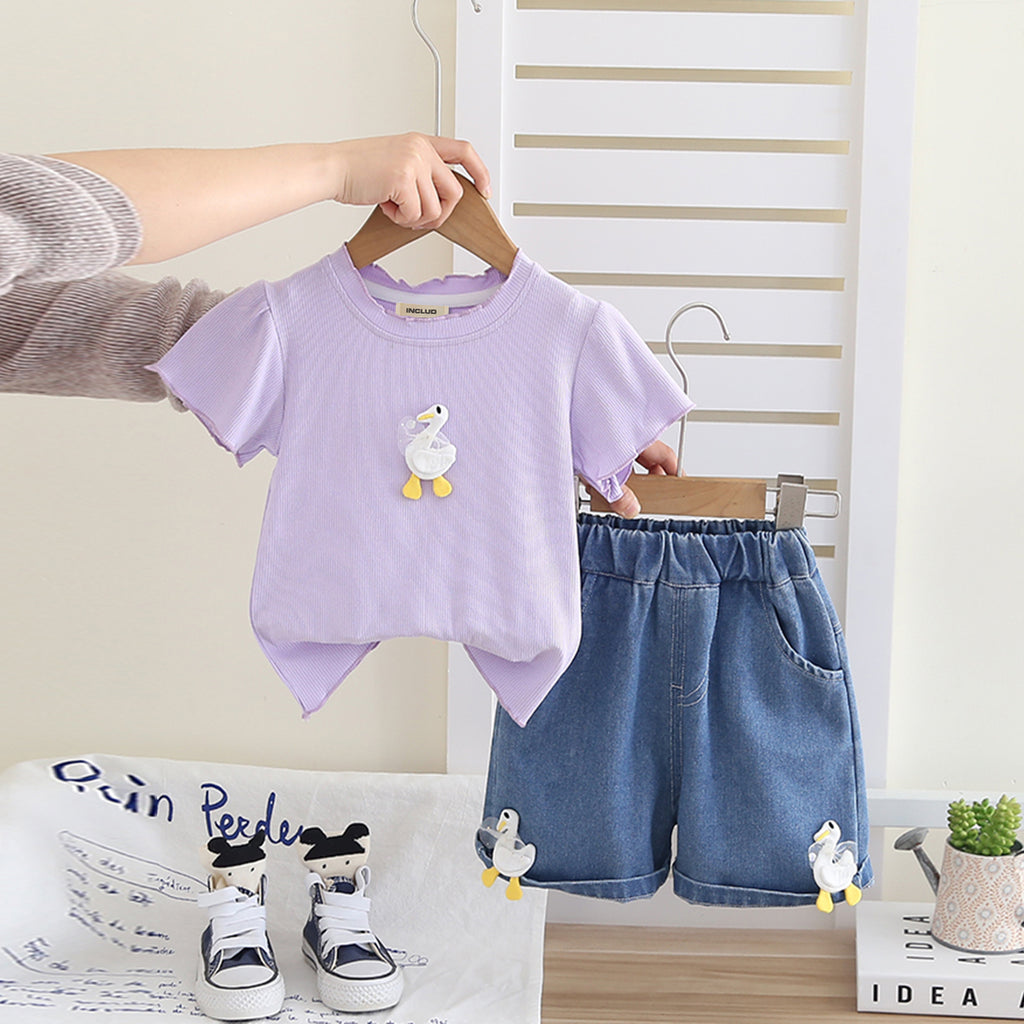 Girls Purple Applique T-Shirt With Denim Shorts Set 2 pc. Sets Purple 1-2 Y