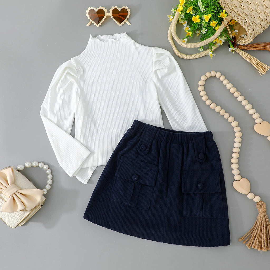 Girls White Ruffle High Neck Top With Skirt Sets Sets White 2-3 Y