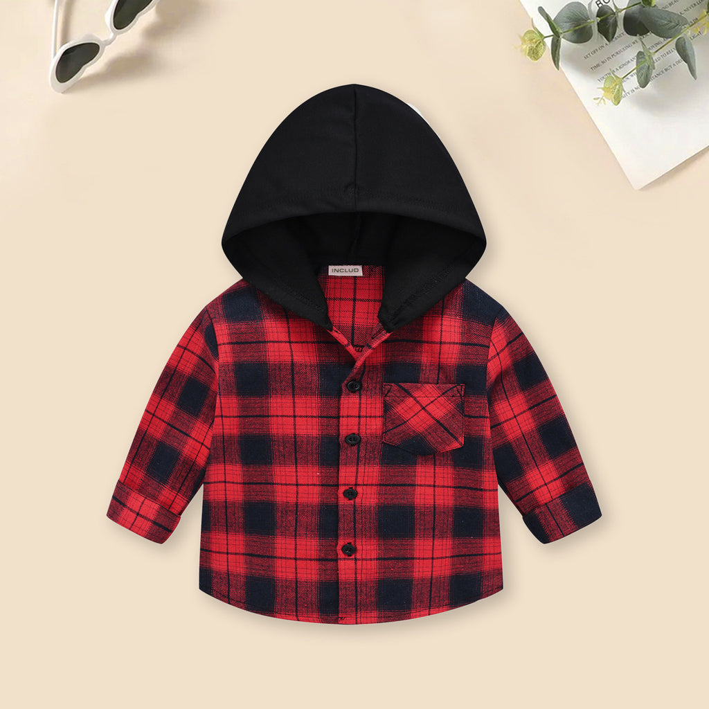 Boys Red Checked Hooded Winter Shirt Shirts Red 2-3 Y